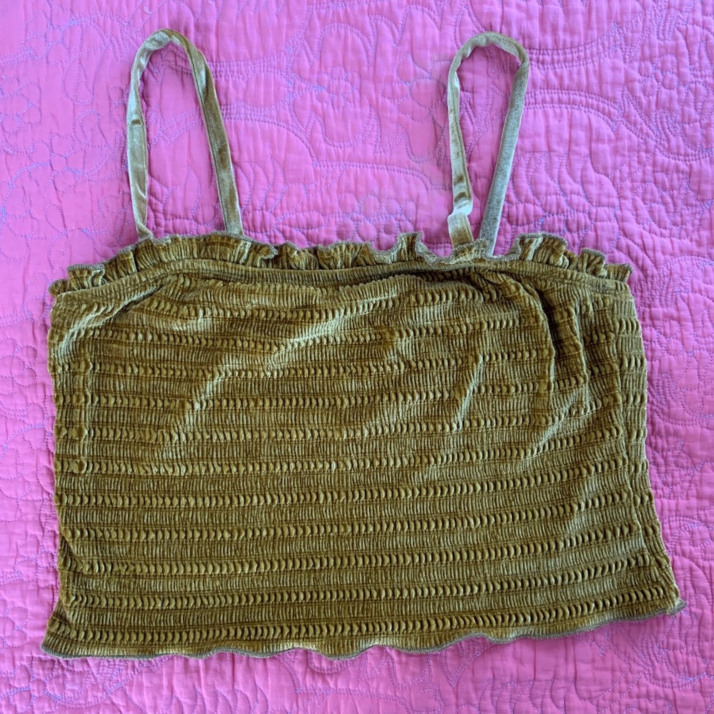 Mustard Velvet Ruched Crop Tank Top